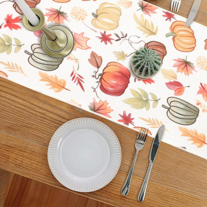 Fall Table Runner for Kitchen Dining Table, Thanksgiving Autumn Printed Harvest Pumpkins Maple Leaves Textured Fabric Halloween Holiday Home Decorations, Water-Proof, Washable, 13" W X 36" L