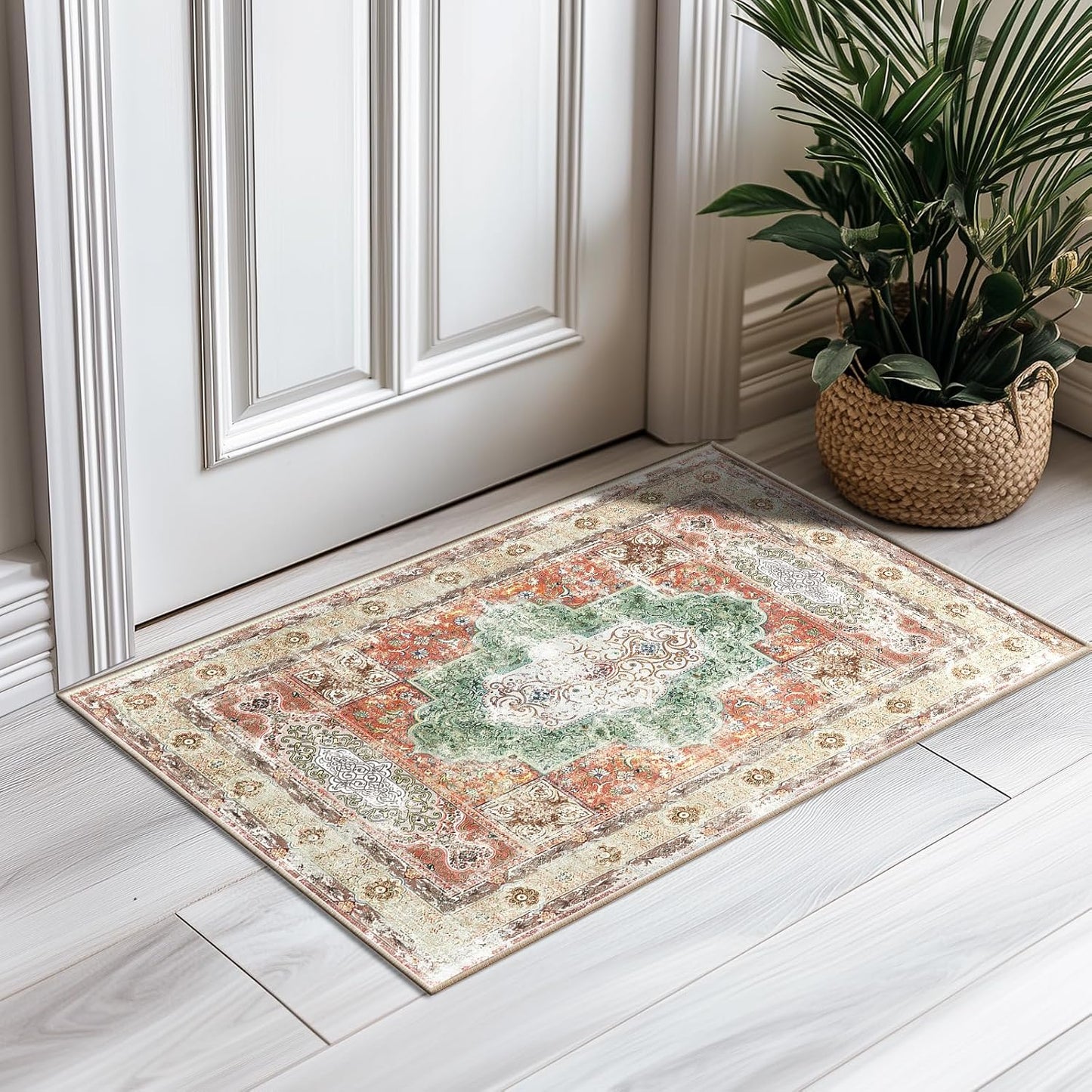 2X3 Area Rugs Machine Washable No Pile Non Slip Vintage Rugs for Living Room&Bedroom&Dinning Room Bohemian Distressed Carpet Indoor,Brick