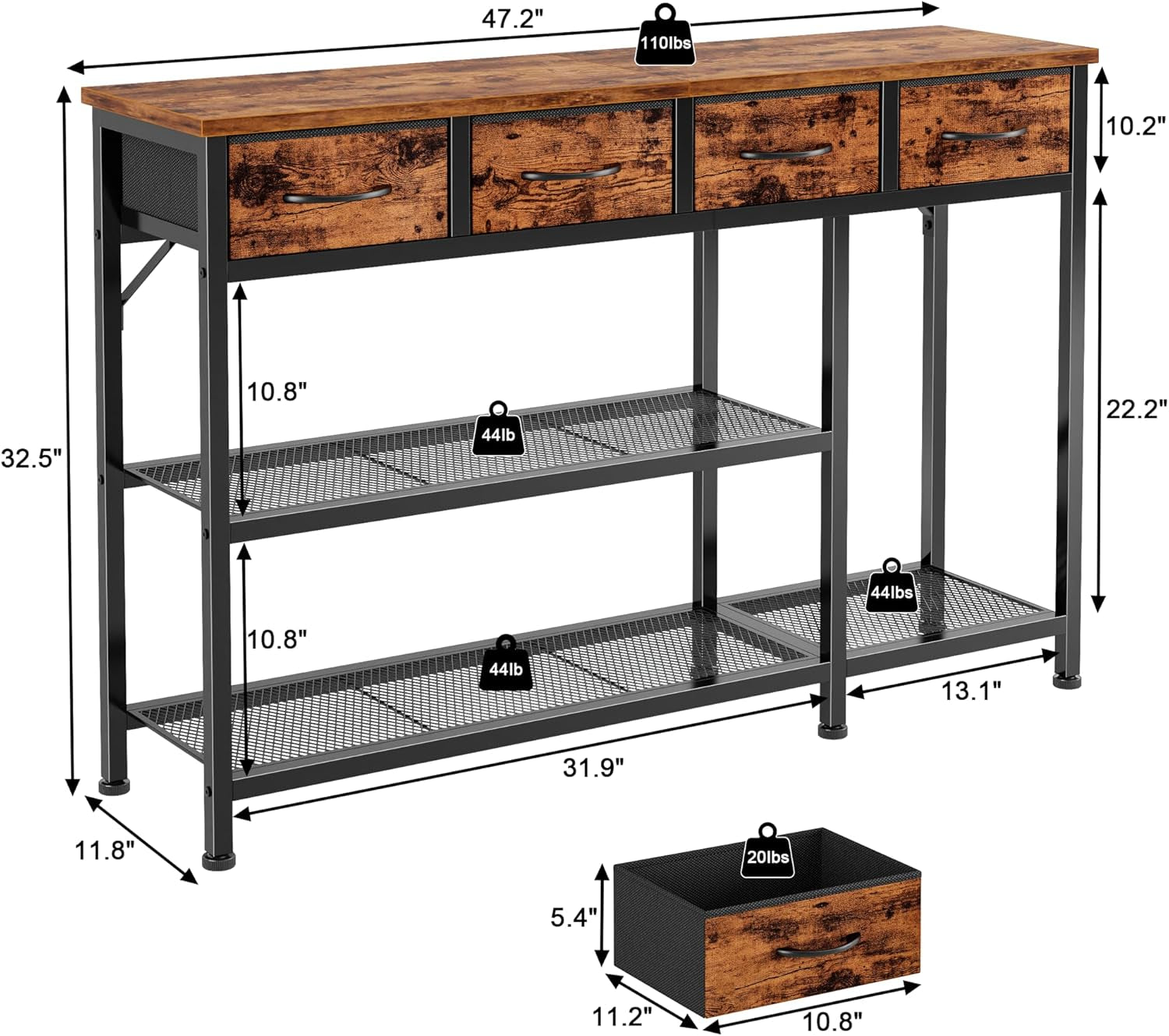 47-Inch Industrial Entryway Console Table with Four Fabric Drawers and Metal Mesh Shelf, Rustic Brown Wooden Top and Sturdy Metal Frame