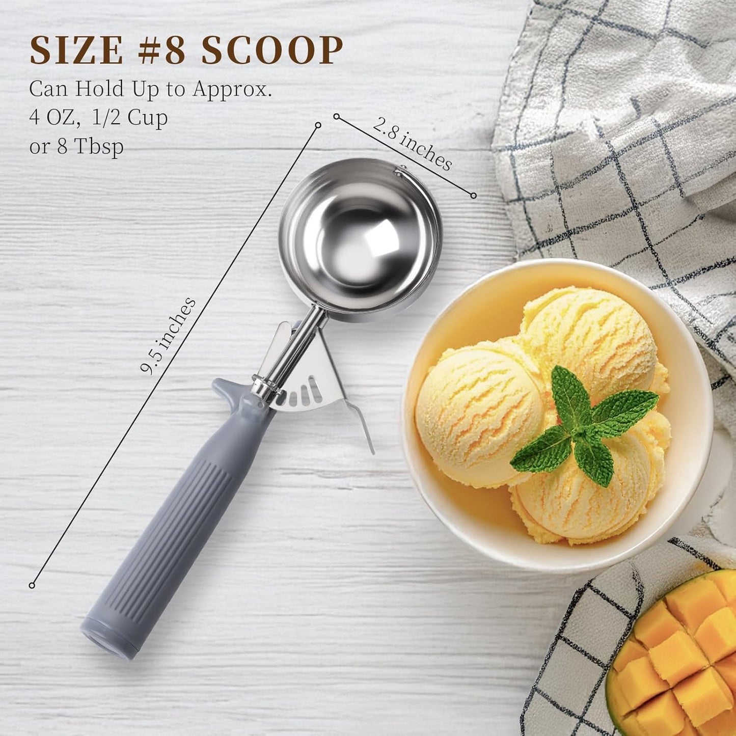 4 OZ Scoop, Ice Cream Scoop with Trigger, #8 Disher, Muffin Scoop, Large Cookie Scoops for Baking, Grey Handle, with Trigger for Portion Control