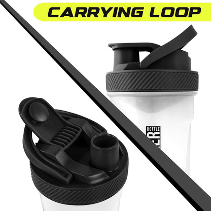 Shaker Bottle 2 Pack - 24 Ounce Plastic Protein or Cocktail Shaker Bottle for Pre & Post Workout with Twist & Lock Protein Box Storage (All Black & Clear/Black)