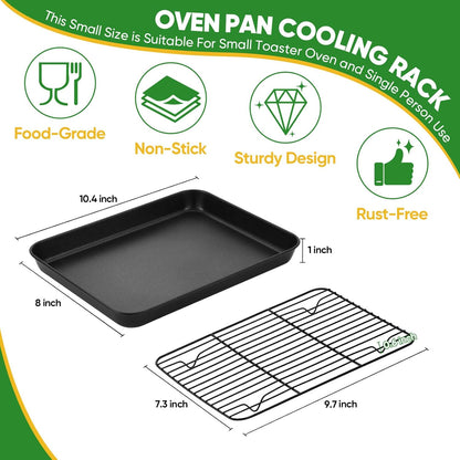 Baking Oven Sheet Pan with Rack for Cookie, Nonstick Oven Tray and Cooling Rack for Baking & Roasting, Easy Clean, Black, 10.4 X 8 Inch