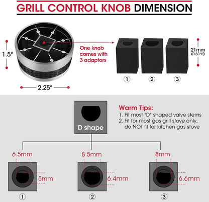 Grill Control Knobs Replacement 3 Pack, Gas Grill Burner Knob Kit, Chrome Plated Plastic with Nonslip Grip, Fits Gas BBQ with D Shaped Valve Stem