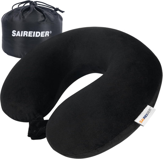 Travel Pillow 100% Pure Memory Foam Travel Neck Pillow with Storage Bag, Airplane Pillow for Traveling、Car、Home、Office，Washable Cover（Black）