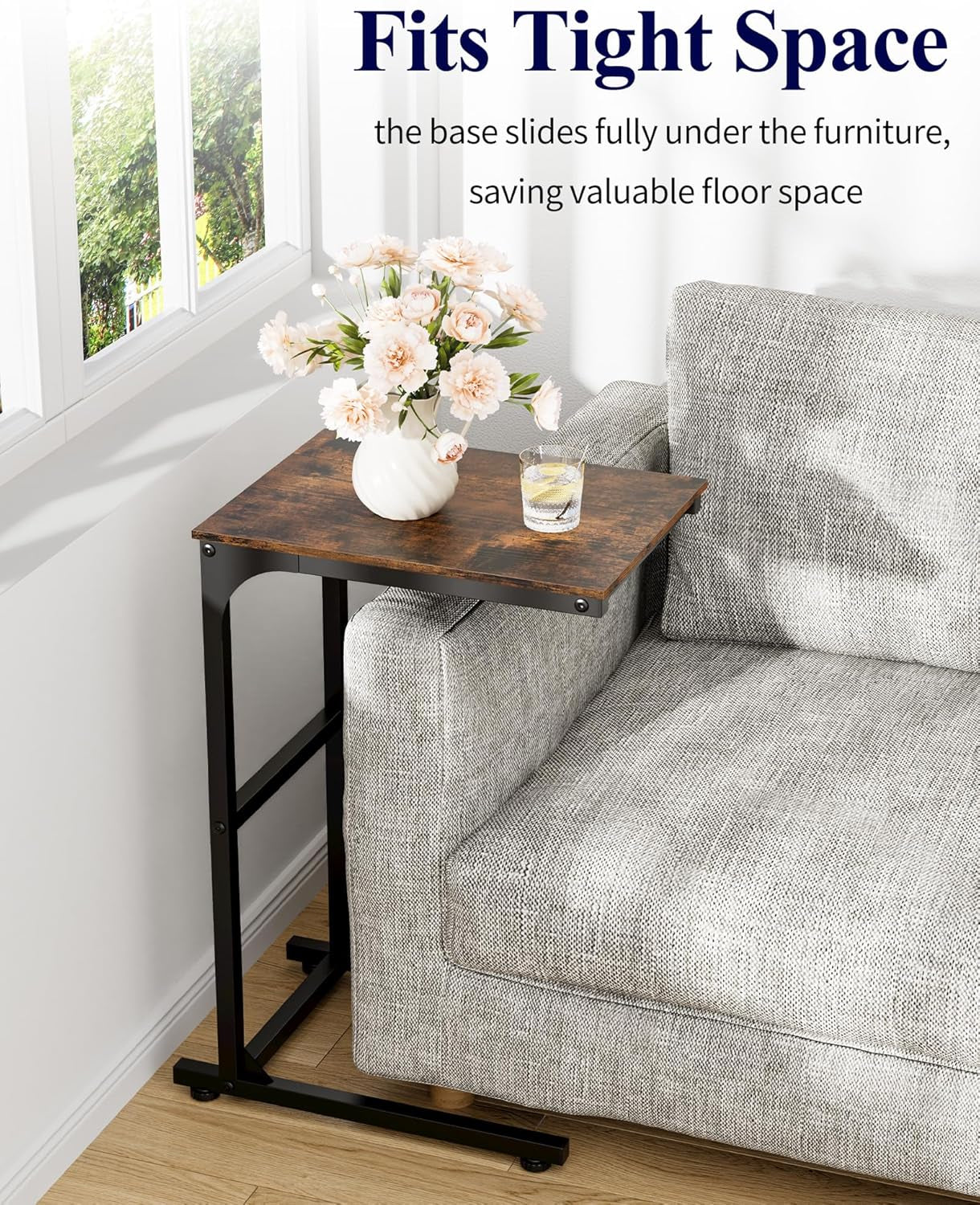 Side Table - C-Shaped Small End Tables for Living Room & Bedroom, Rustic-Style Narrow Couch Table for Small Spaces, Leveling Feet Attached, 15.7"×11.8"×24.0"