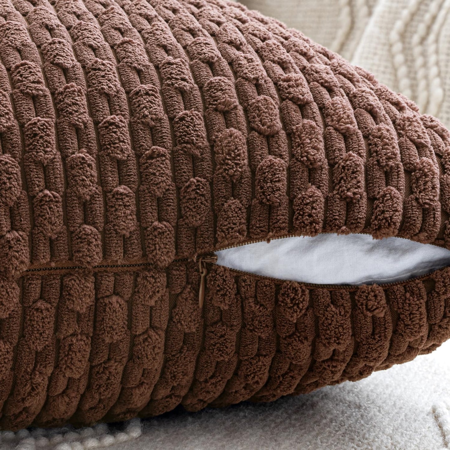 Throw Pillow Covers Soft Couch Decorative Set of 4 Boho Striped Cushion Covers Corduroy Pillowcases Farmhouse Accent Home Decor for Fall Couch Bed Sofa Living Room 18X18 Inch Brown