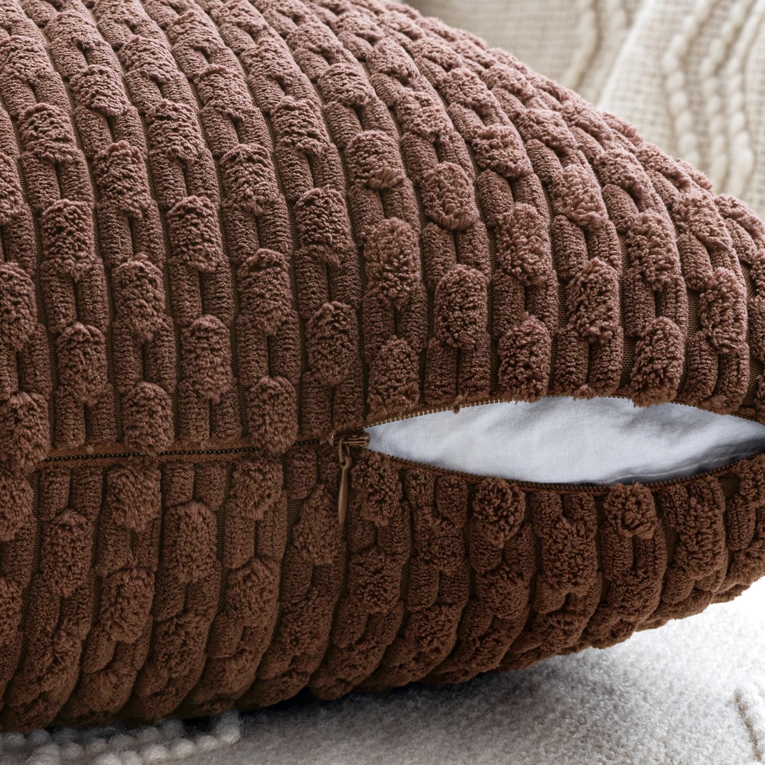 Throw Pillow Covers Soft Couch Decorative Set of 4 Boho Striped Cushion Covers Corduroy Pillowcases Farmhouse Accent Home Decor for Fall Couch Bed Sofa Living Room 18X18 Inch Brown