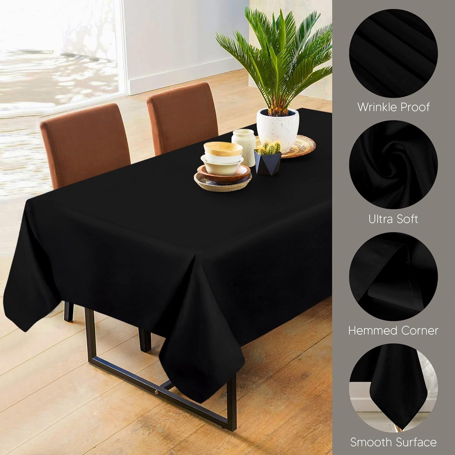 Rectangle Table Cloth 2 Pack [60X102 Inches, Black] Tablecloth Machine Washable Fabric Polyester Table Cover for Dining, Buffet Parties, Picnic, Events, Weddings and Restaurants