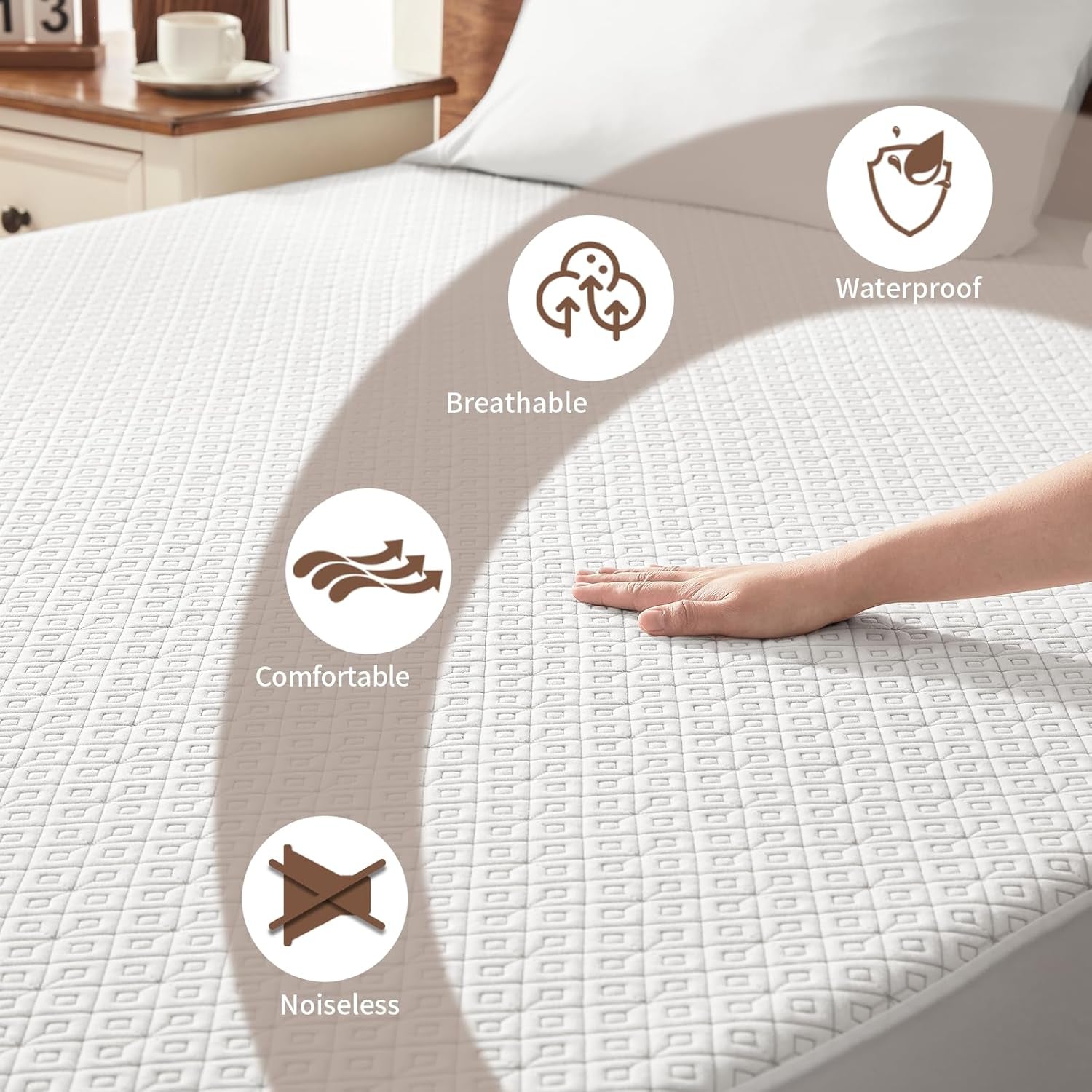 Twin Mattress Protector, Waterproof Noiseless Mattress Cover with Stretchable Pockets for 6-15 Inches Mattress, Soft Breathable Mattress Pad Machine Washable (White)