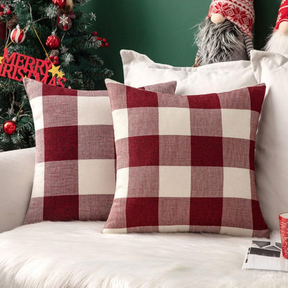 Pack of 2 Christmas Classic Farmhouse Buffalo Check Plaids Linen Soft Soild Decorative Square Porch Throw Pillow Covers Home Decor Cushion Case for Sofa Bedroom 18X18 Inch, White and Red