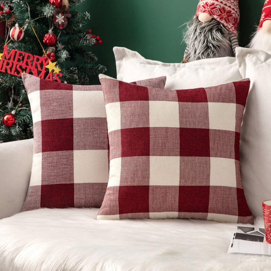 Pack of 2 Christmas Classic Farmhouse Buffalo Check Plaids Linen Soft Soild Decorative Square Porch Throw Pillow Covers Home Decor Cushion Case for Sofa Bedroom 18X18 Inch, White and Red
