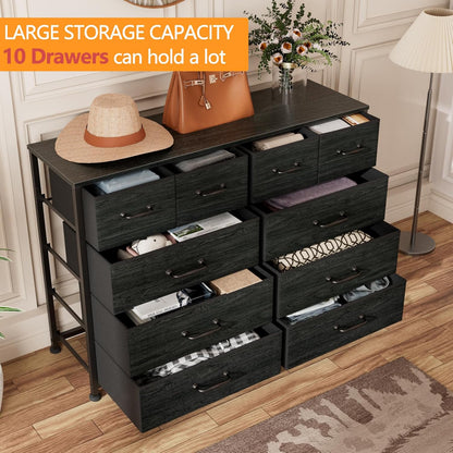 Black Oak Bedroom Dresser and TV Stand Entertainment Center with 10 Fabric Storage Drawers and Sturdy Metal Frame for Living Room and Entryway