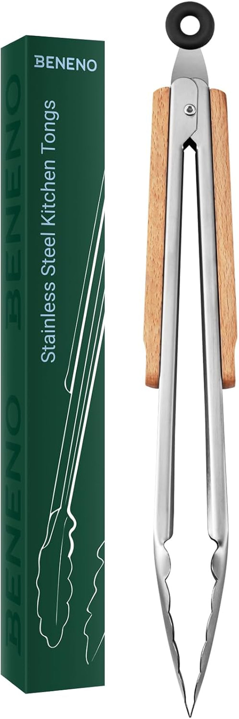 Tongs for Cooking, Food-Grade Stainless Steel Kitchen Tongs 12-Inch with Lightweight Heat-Insulating Wooden Grip & Non-Slip Scalloped Tips, Sturdy Locking Metal Tong for Cooking, Grill