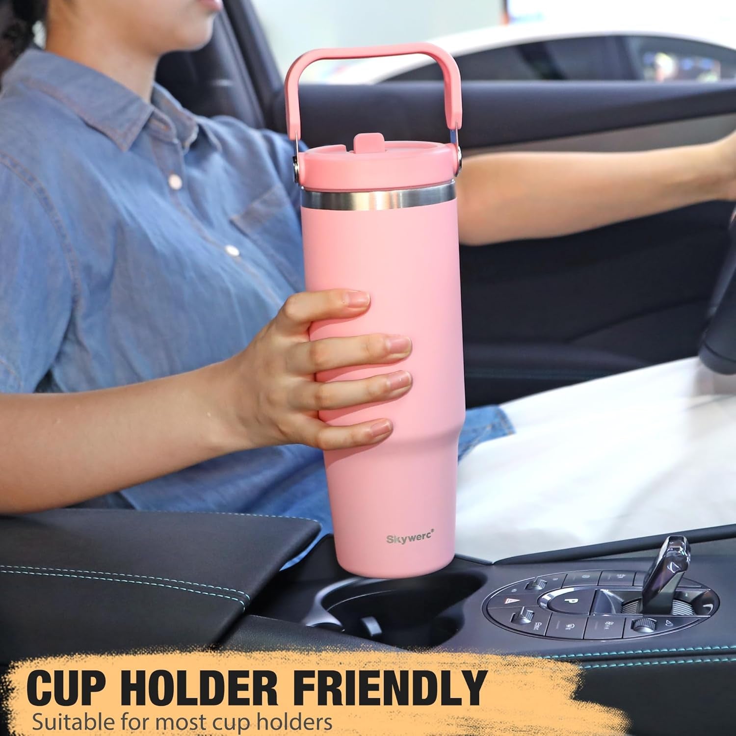 30 Oz Tumbler with Handle and Straw | Vacuum Insulated Water Bottles with Flip Straw and Top Handle | Stainless Steel Travel Mug Reusable Insulated Cup for Home, Outdoors | Cold for 30 Hours | Black