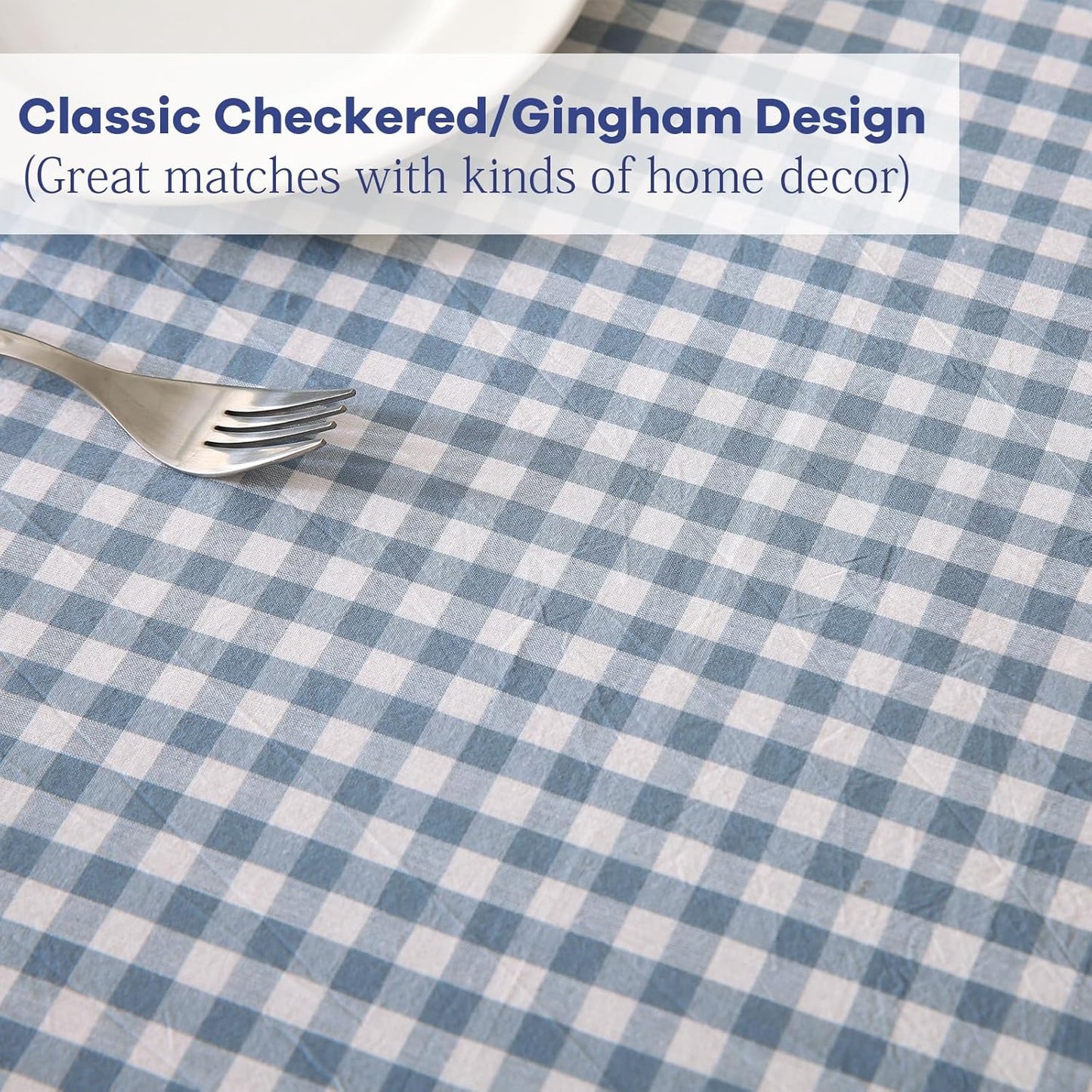Dust Blue and White Plaid Cotton Ruffled Rectangular Tablecloth, 120 x 60 Inches, Vintage Cottage Style
