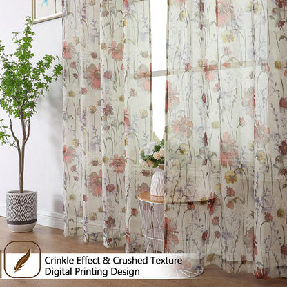 Crushed Sheer Curtains Kitchen Tiers 36 Inch Length 2 Panels, Printed Design Small Window Half Curtains for Bathroom Cafe Bedroom Cupboard Living Room, Short Light Filtering Curtain, 42"X36"