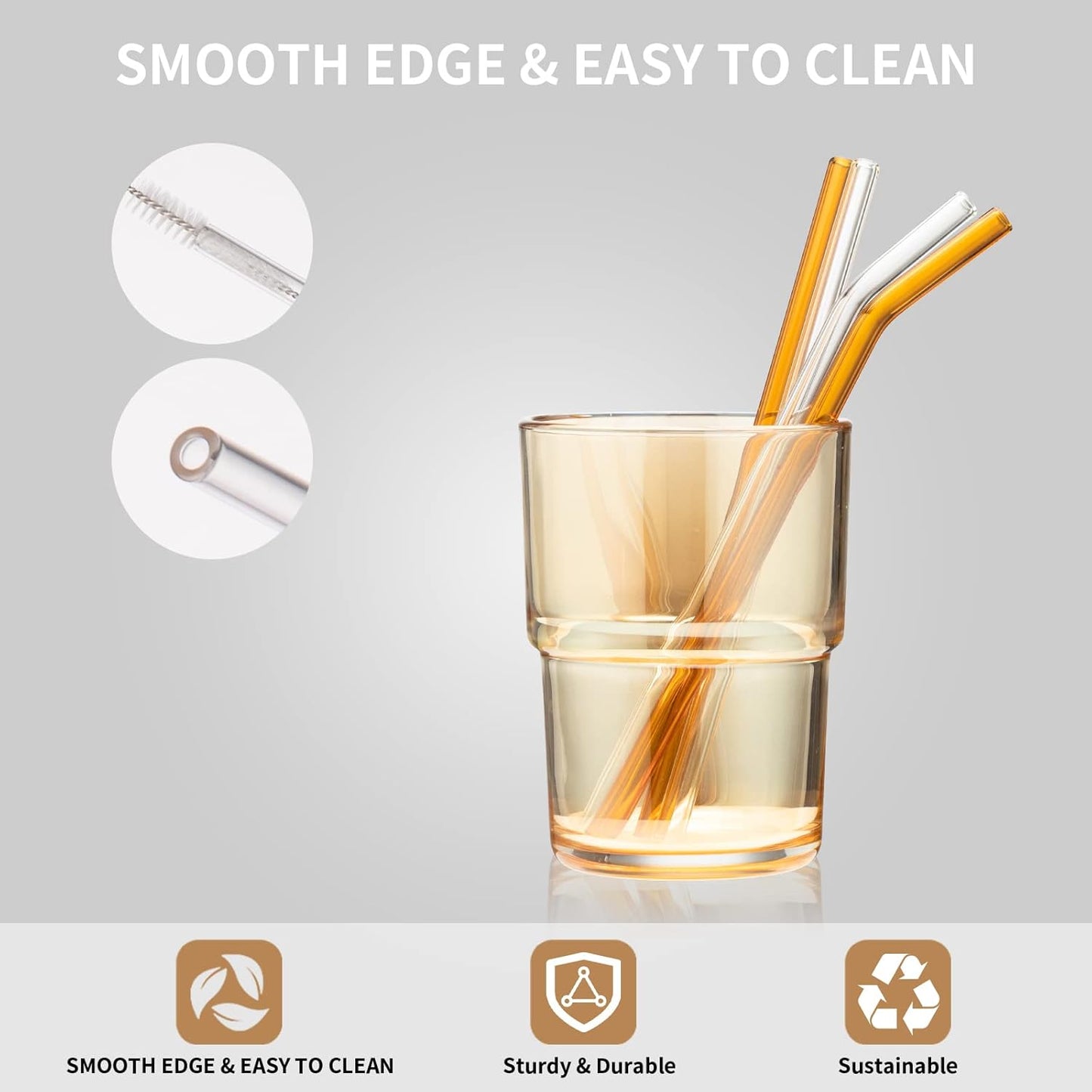4-Pack Reusable Glass Straws,Size 8''X 8 Mm,Clear/Amber Glass Straws, 2 Straight and 2 Bent with 1 Cleaning Brush Glass Straw Set-Perfect for Smoothies, Milkshake, Iced Coffee,Juice,Tea