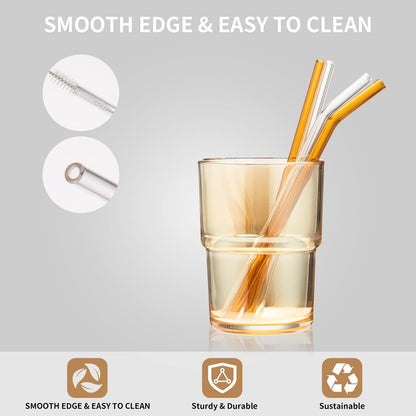 4-Pack Reusable Glass Straws,Size 8''X 8 Mm,Clear/Amber Glass Straws, 2 Straight and 2 Bent with 1 Cleaning Brush Glass Straw Set-Perfect for Smoothies, Milkshake, Iced Coffee,Juice,Tea