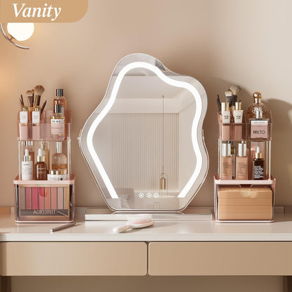 Makeup Organizer Countertop, 3-Tier Vanity Organizer with Large Drawers and Top 6-Grid Section, Suitable for Bathroom Counter, Dresser, Storage for Cosmetics, Skincare, Perfume, Lipstick, Pink