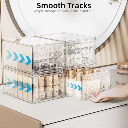 2 Pack Stackable Storage Drawers, Makeup Skincare Holder Vanity Storage Organizer, Plastic Drawers for Vanity Desk, Undersink, Kitchen Cabinet, Pantry, Bottle Organizer Baby and Storage,Clear