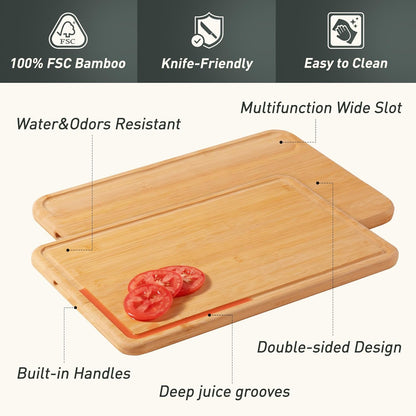 1 Piece Bamboo Cutting Board Wood Cutting Boards for Kitchen with Deep Juice Grooves Built-In Handles Ideal Charcuterie Chopping for Meat Vegetables and Fruits