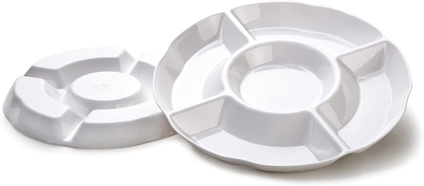 Set of 2Pcs 10 Inch Melamine Serving Tray with 5 Compartments, Divided Serving Platter for Appetizer, Snack, Veggie, Fruits (White)