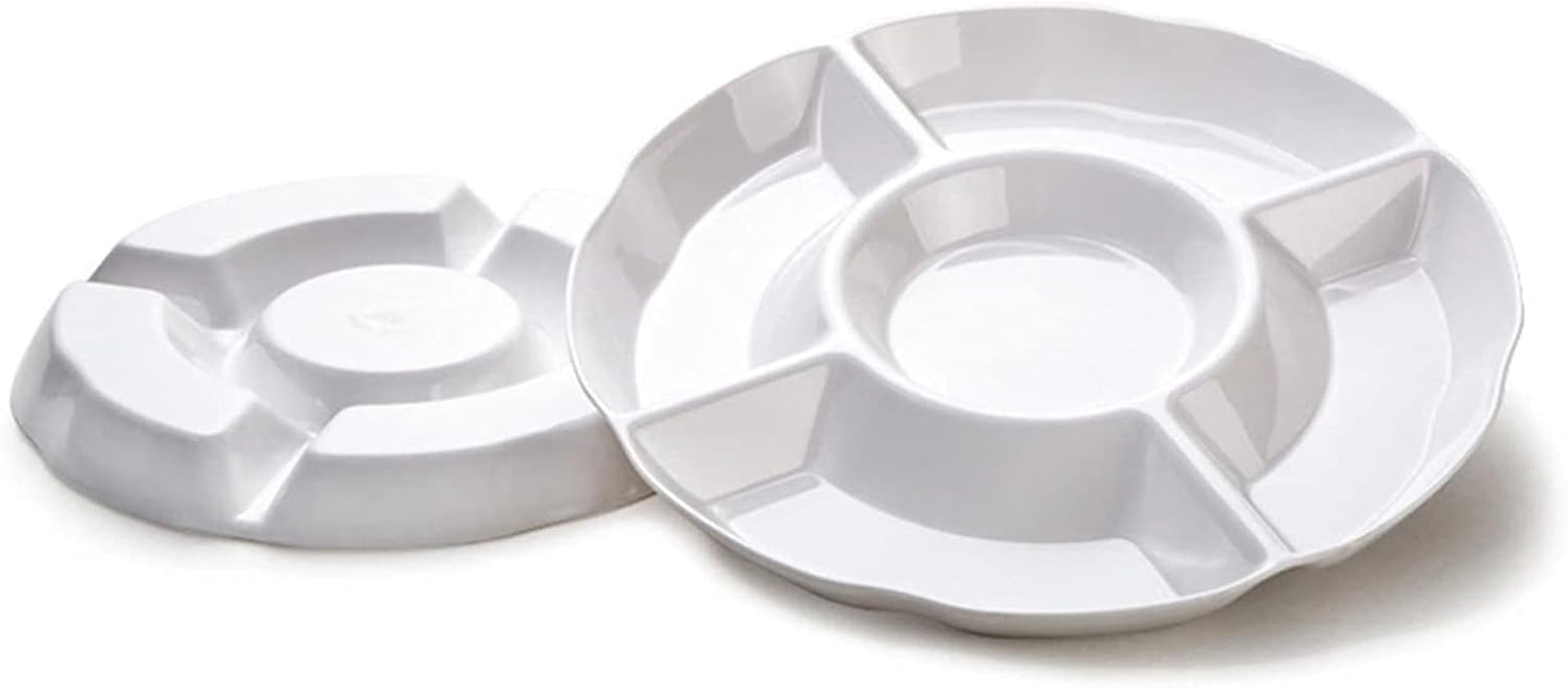 Set of 2Pcs 10 Inch Melamine Serving Tray with 5 Compartments, Divided Serving Platter for Appetizer, Snack, Veggie, Fruits (White)