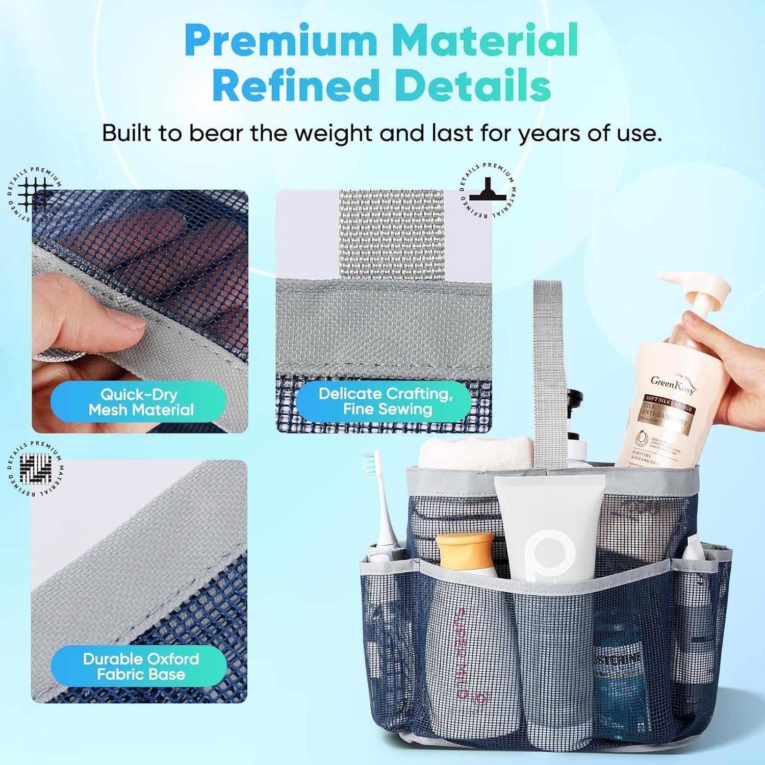 2 Pack Mesh Shower Caddy Portable for College Dorm Room Essentials, Shower Caddy Dorm with 8-Pocket Large Capacity,Shower Bag for Beach,Swimming,Gym