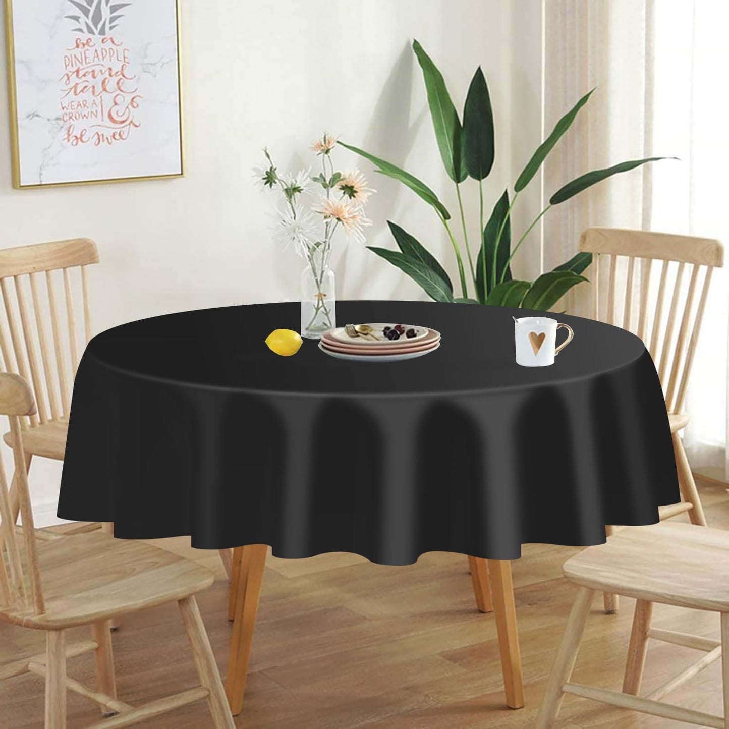 Black round Tablecloth 2 Pack, 84 Inch Plastic Table Cover Disposable for Parties