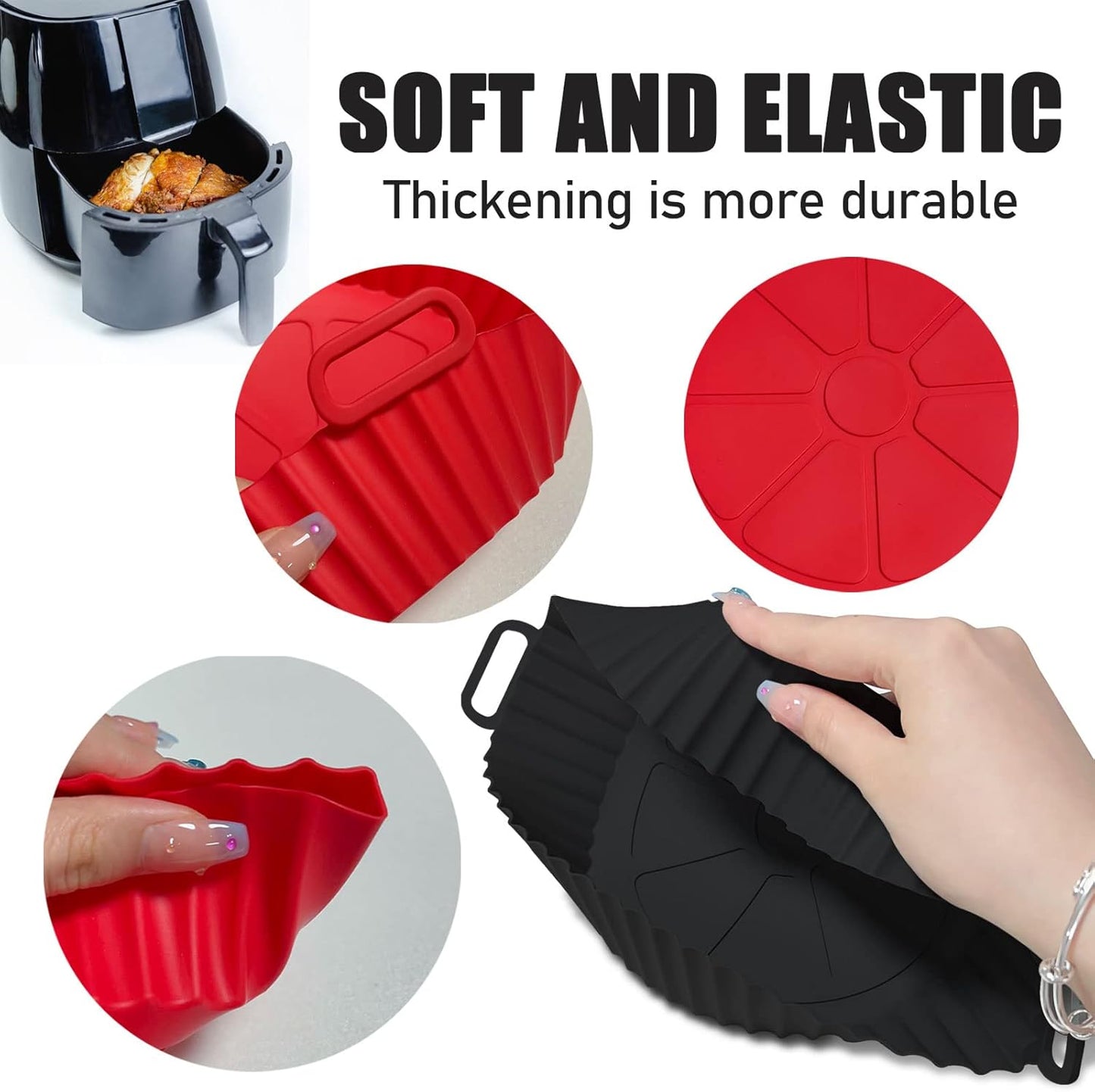 Air Fryer Silicone Liners Pot,8 Inch Air Fryer Basket Liners, Silicone Baking Tray Pots for 3 to 5 Qt for Air Fryer Oven Reusable Baking Tray Oven Accessories (Red+Black)