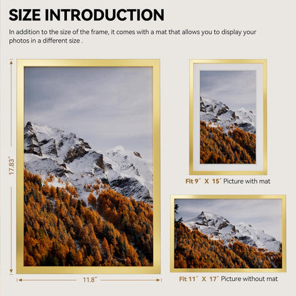 11X17 Picture Frame Gold, Gold Picture Frames Display Photos 9X15 with Mat or 11X17 without Mat, 1 Pack Plastic Frame for Wall for Home Decor