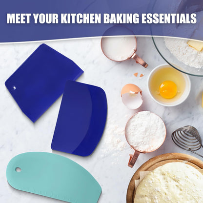 Dough Scraper Set of 3, Flexible Silicone Bowl Spatula, Kitchen Plastic Bench Dough Scraper Tool for Bread Dough, Sourdough, Cake, Fondant Icing, Blue & Teal/Aqua…