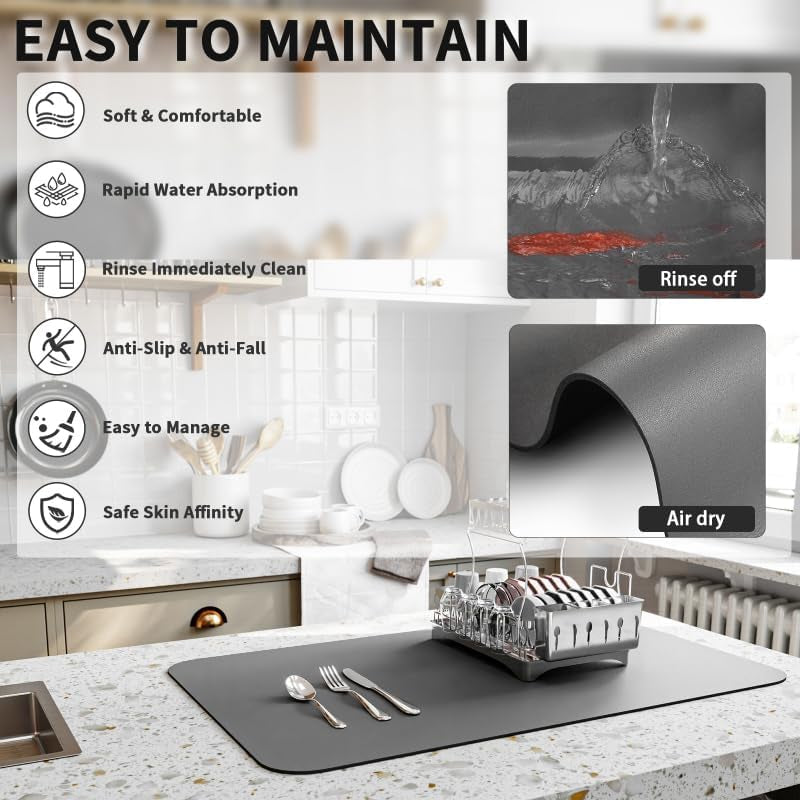 Dish Drying Mat for Kitchen Counter, Heat Resistant Drainer Mats with Non-Slip Rubber Backed, Hide Stain Kitchen Super Absorbent Draining Mat, Easy to Clean Dish Rack Pad, Dark Grey 16"X18"