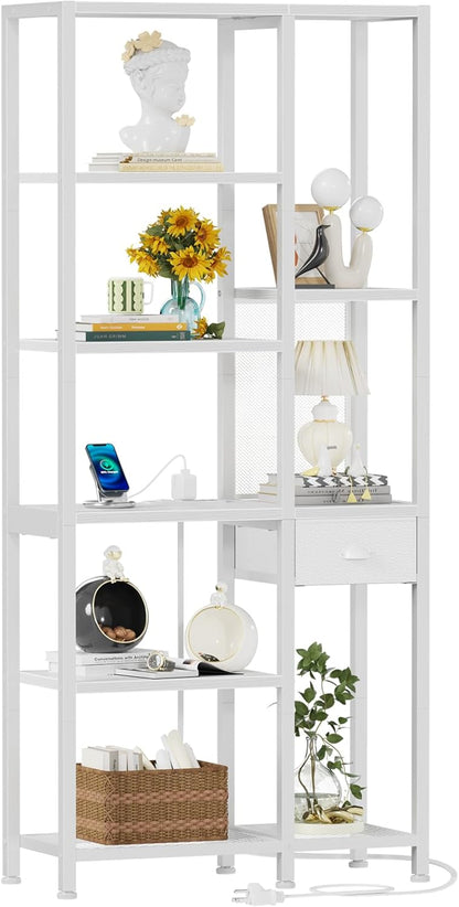 6-Tier Bookshelf with Charging Station, Double Display Shelf with Drawer, Tall Freestanding Bookcase, Metal Open Book Shelf for Living Room, Bedroom, Home Office, White