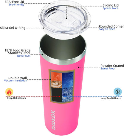 20 Oz Skinny Tumbler with Lid Slim Insulated Travel Coffee Cup Stainless Steel Thermal Mug,Pink
