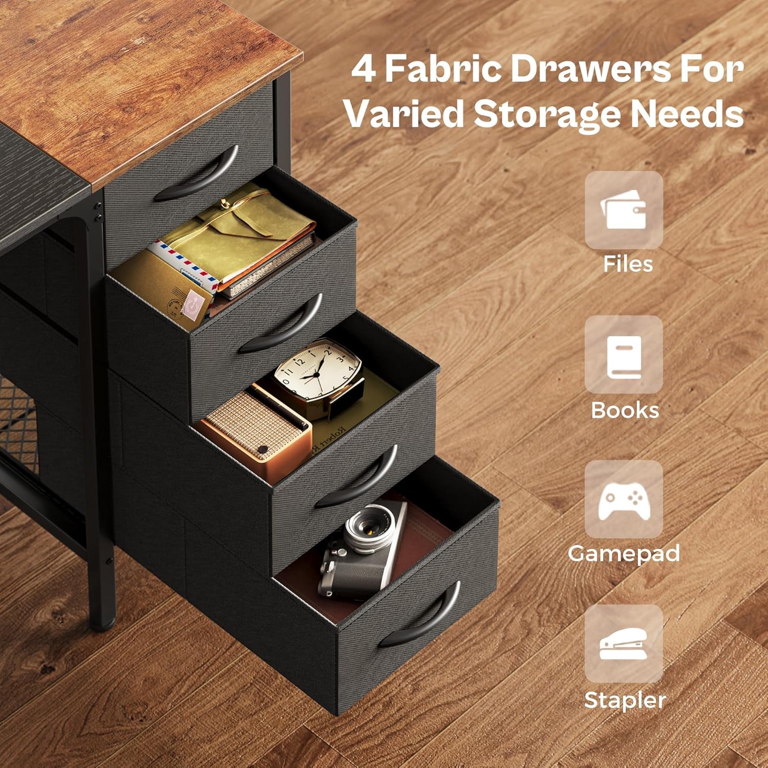 47-Inch Computer Desk with Four Drawers and Mesh Shelf, Versatile Office and Gaming Desk with Ample Storage for Home Office, Study, and Bedroom, Rustic Brown and Black Finish