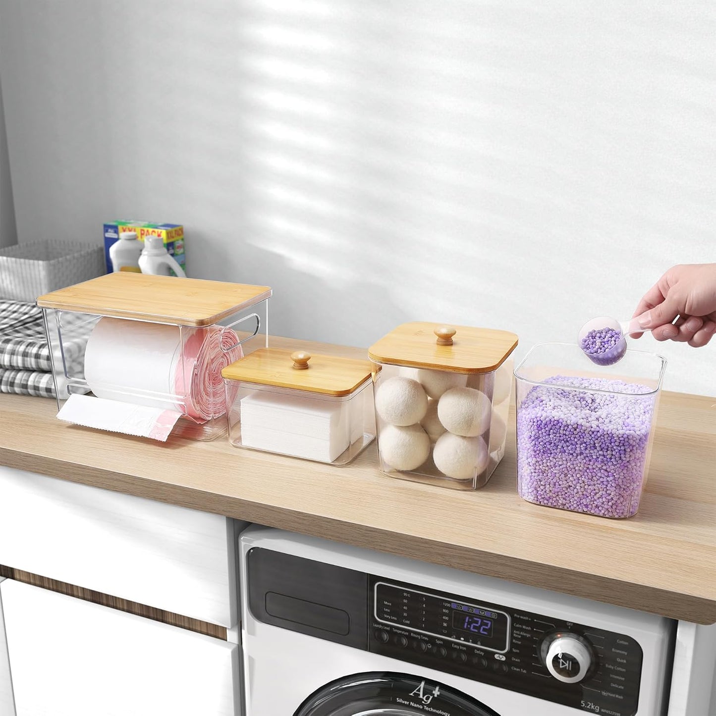 4 Pcs Extra Large Trash Bag Dispenser & Laundry Containers, Wall Mounted Clear Laundry Pods Container Dryer Sheet Holder with Lids for Laundry Room Organization and Storage