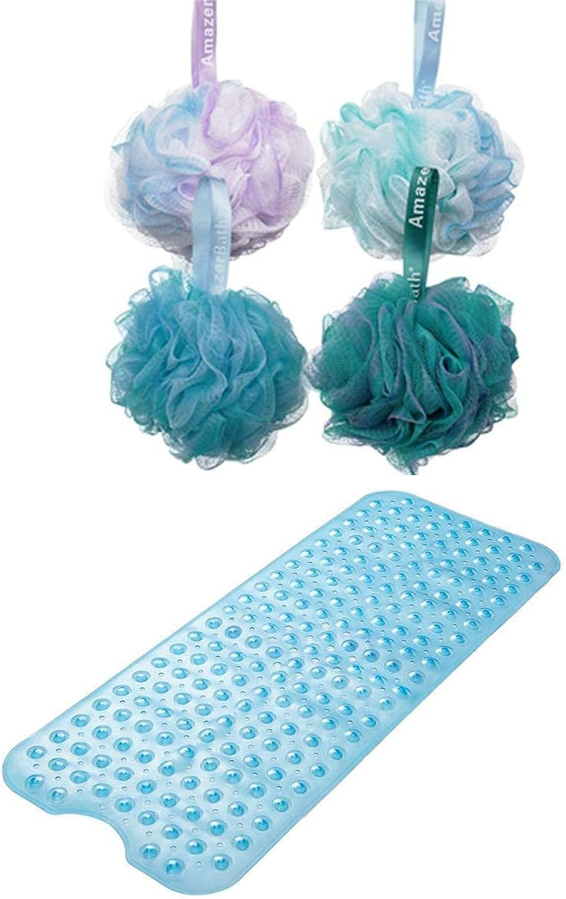 39 X 16 Inches Non-Slip Shower Mats and Shower Bath Sponge Shower Loofahs Balls 75G/Pcs for Body Wash Bathroom Men Women- Set of 4 Flower Color Sponges
