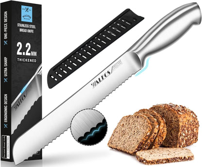 8 Inch Bread Knife with Sheath, Serrated Bread Knife with Upgraded Stainless Steel, Ultra-Sharp, Bread Slice Knife for Slicing Homemade Bread, Bagels, Cake