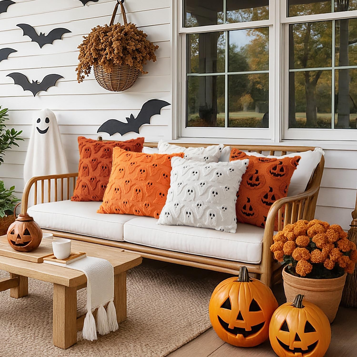 Halloween Decorative Pillow Covers - Set of 2 Soft Plush Faux Fur Ghost Design Cushions for Couch, Sofa, Bed, and Porch - 18x18 Inches - Orange Fall Decor