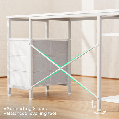 L-Shaped Office Desk with Power Outlets, 47-Inch Computer Desk Featuring 3 Drawers and Shelves for Gaming, Corner Work, Home Office, and Study - White Finish