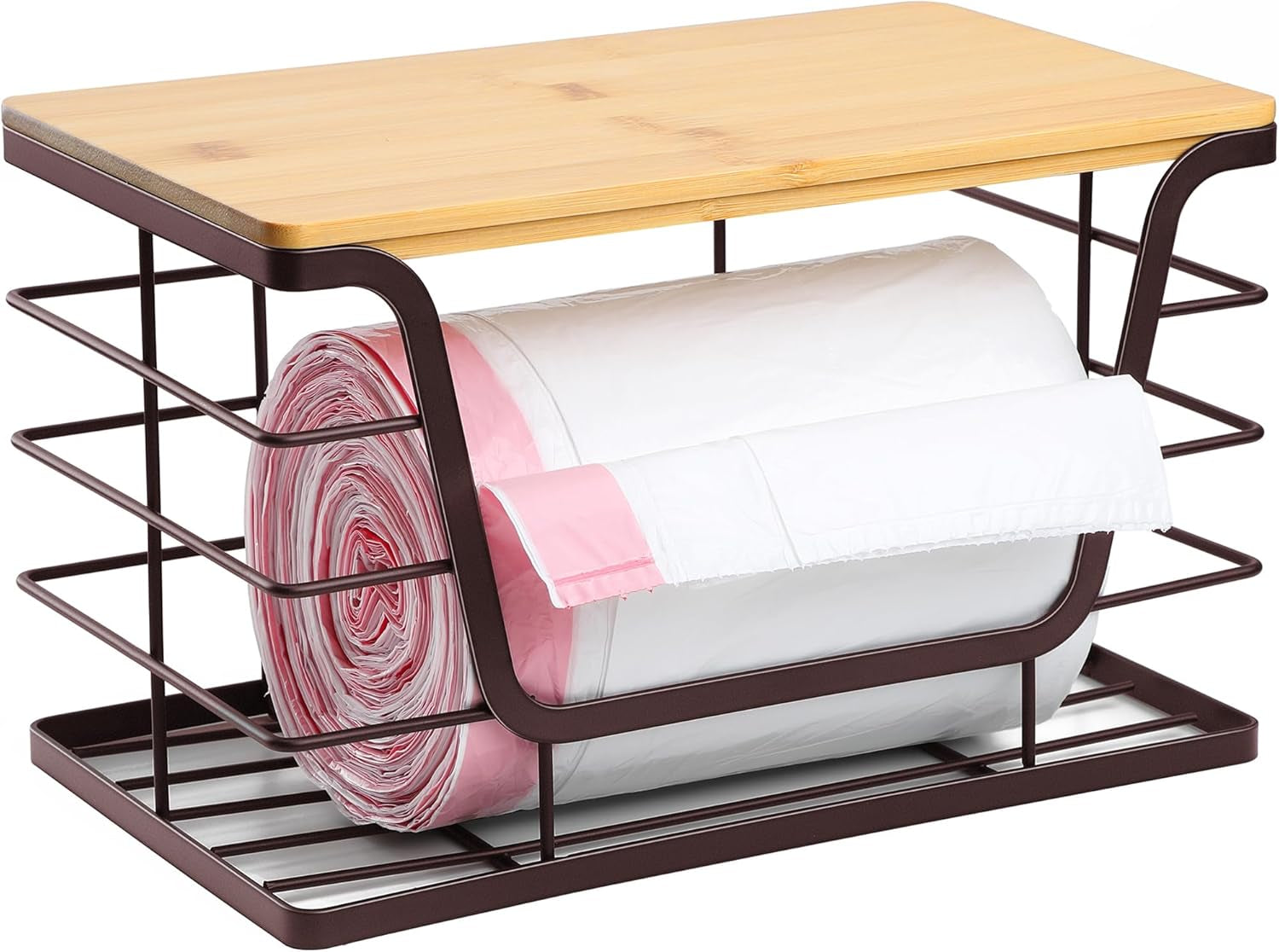 Storage Basket for Kitchen Pantry Organizers and Storage, Stainless Steel Extra Large Trash Bag Dispenser under Sink, Brown