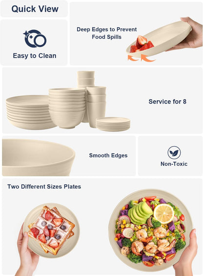 32-Piece Eco-Friendly Wheat Straw Dinnerware Set for 8 - Reusable Plates and Bowls, Suitable for Camping and Picnics, Microwave and Dishwasher Safe - Beige