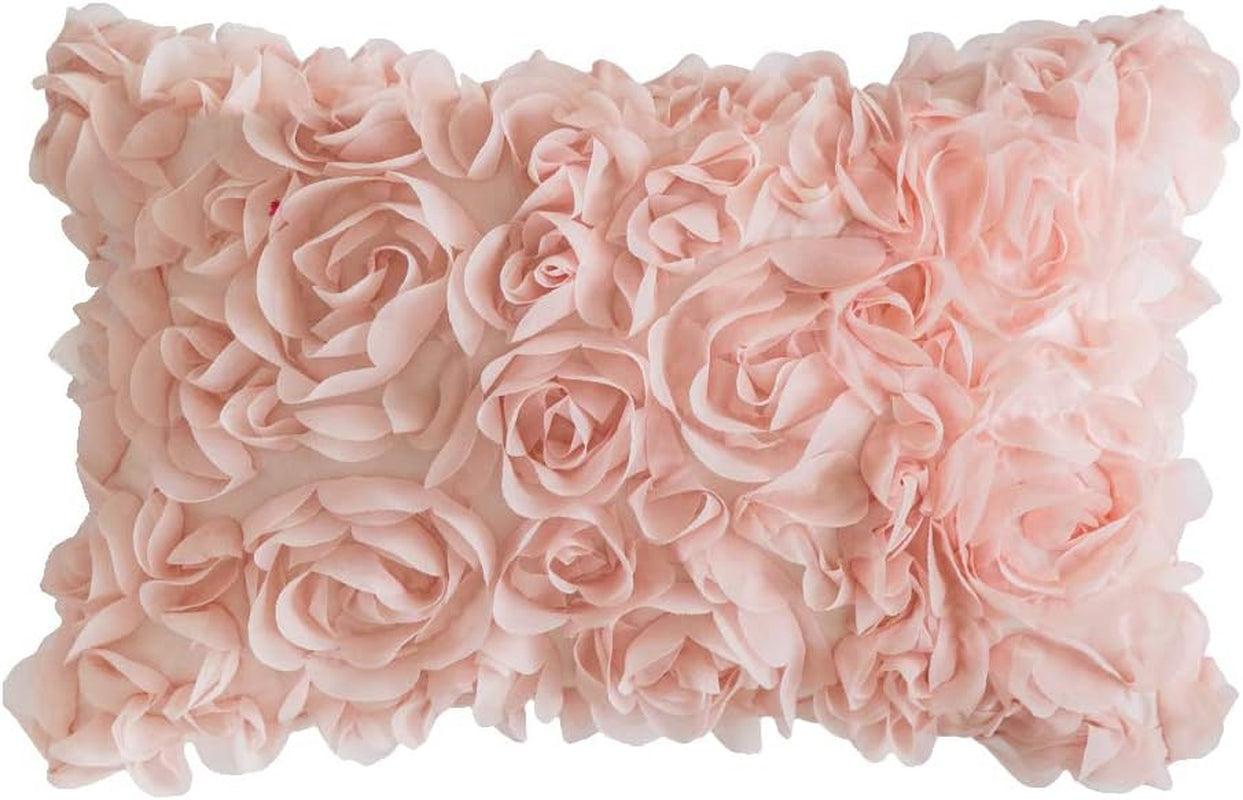 3D Decorative Chiffon Rose Flower Throw Pillow Cover - Romantic Solid Pillowcase for Weddings, Sofas, Bedrooms, and Cars - Peach Pink, 12x20 Inch (30x50 cm)
