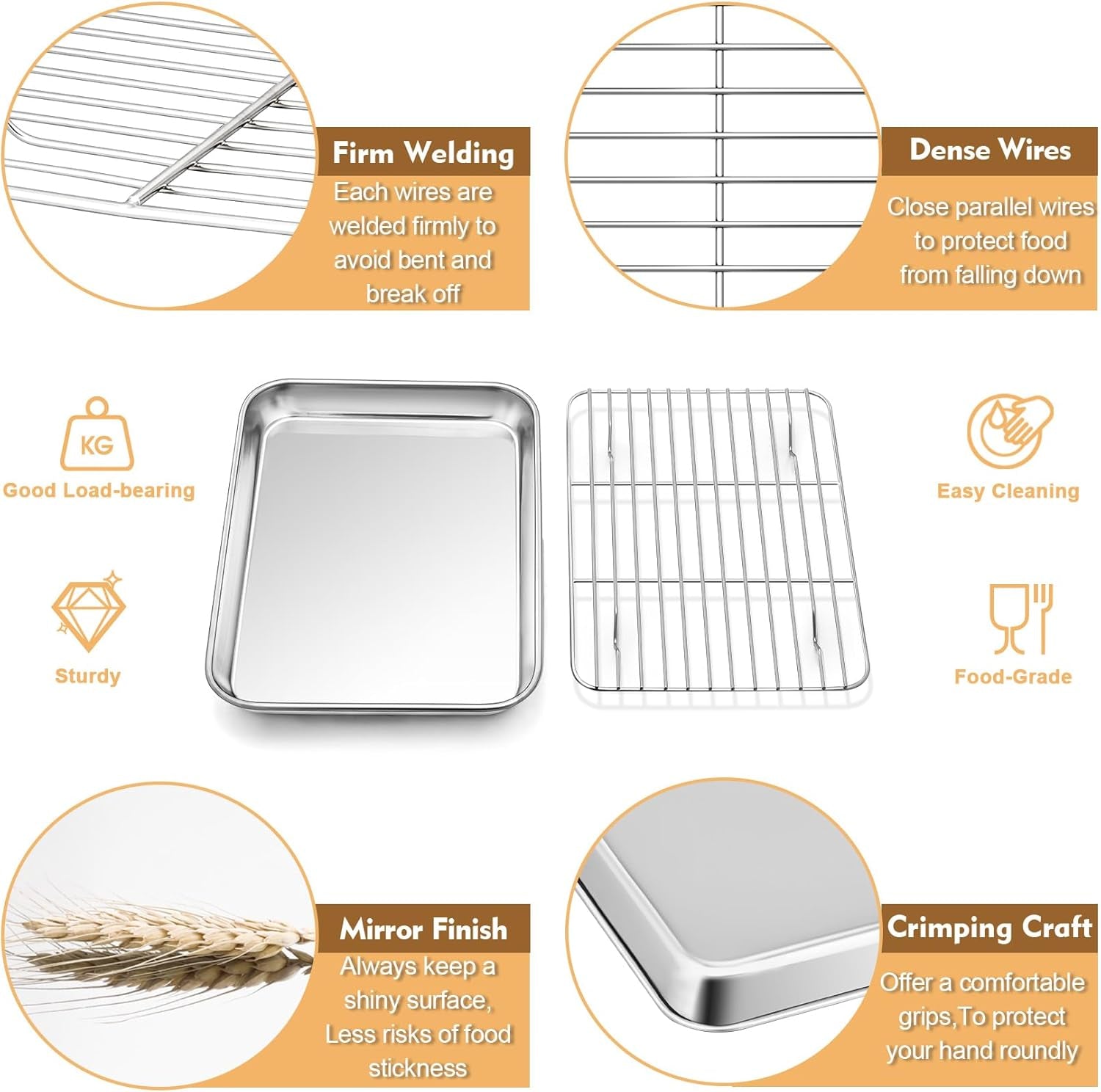 9 Inch Baking Oven Sheet Pan with Rack & Mat for Cookie, Stainless Steel Oven Sheet Tray Cooling Rack and Silicone Mat for Baking & Roasting, Dishwasher Safe & Healthy, 3Pcs