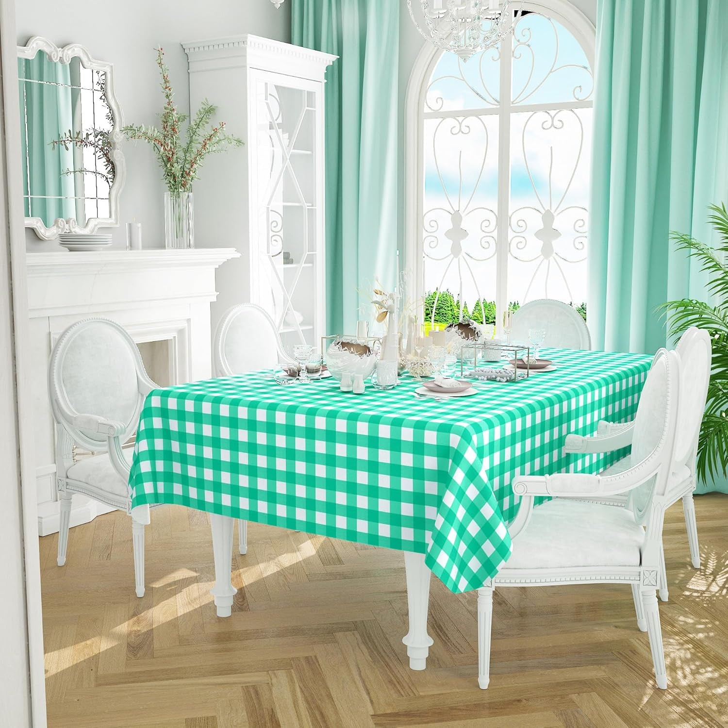 Rectangle Waterproof Vinyl Table Cloth, Buffalo Flannel Backed Tablecloth, Wipeable Plastic Table Cover for Dinner, Kitchen, Outdoor (60" X 84", Green and White)