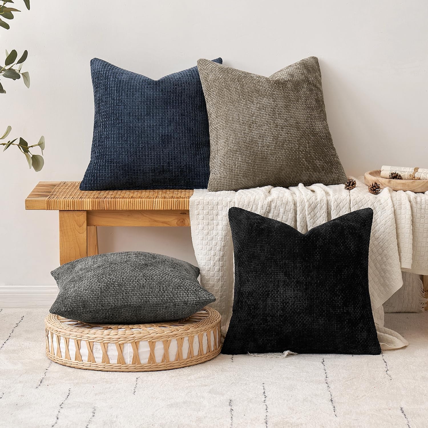 Pack of 2 Couch Throw Pillow Covers 18X18 Inch Coastal Navy Blue Modern Boho Accent Decorative Pillow Covers Soft Chenille Farmhouse Cushion Covers for Home Decor Bed Sofa Living Room