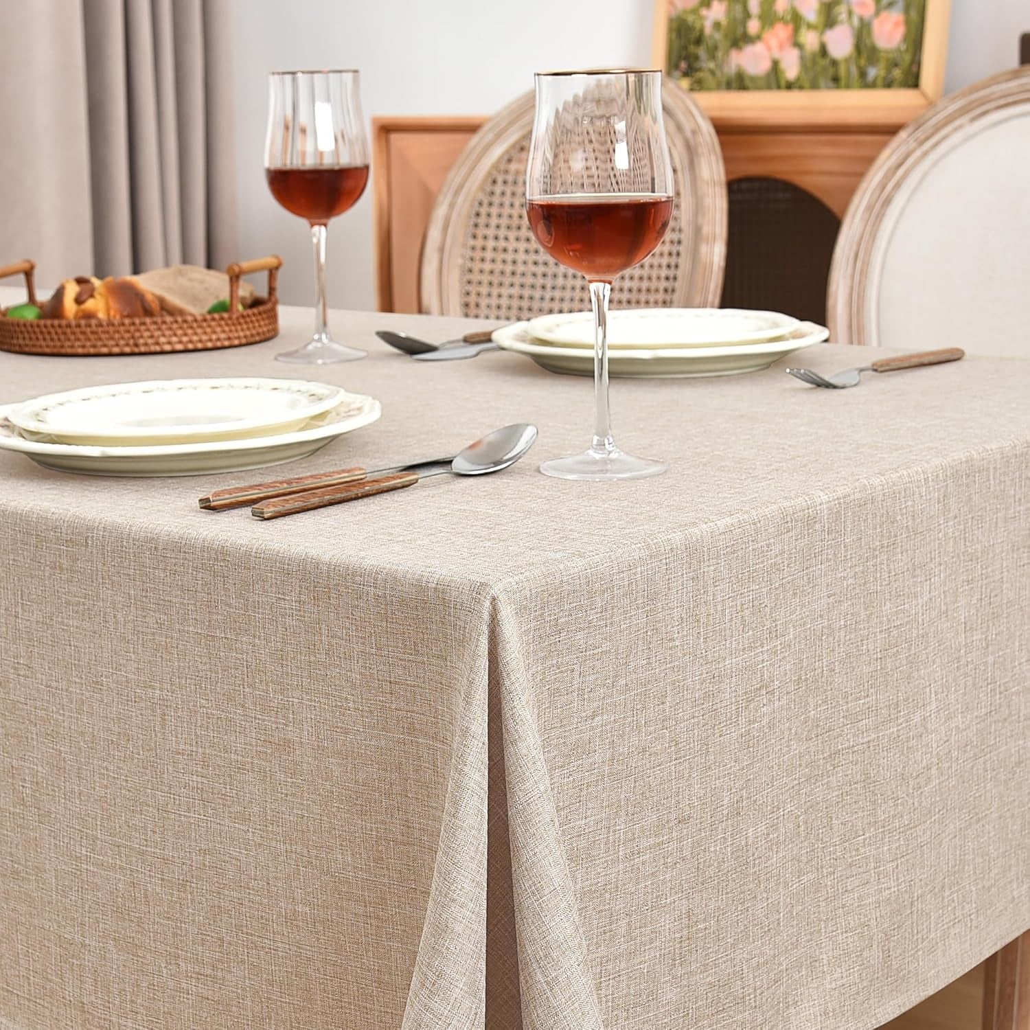 Faux Linen Beige Tablecloths 60 x 84 Inch - Set of 2 Neutral Covers for Rectangular Tables, Ideal for Dining, Weddings, Parties, Farmhouse Decor, and Outdoor Picnics