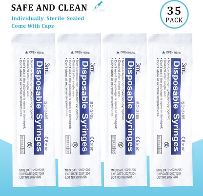 35 Pack 3Ml Plastic Syringe without Needle, Catheter Tip Individually Sealed for Liquid, Sterile - Syringes Tools for Feeding Pets, Measuring, Scientific Labs, Oil or Glue Applicatorc