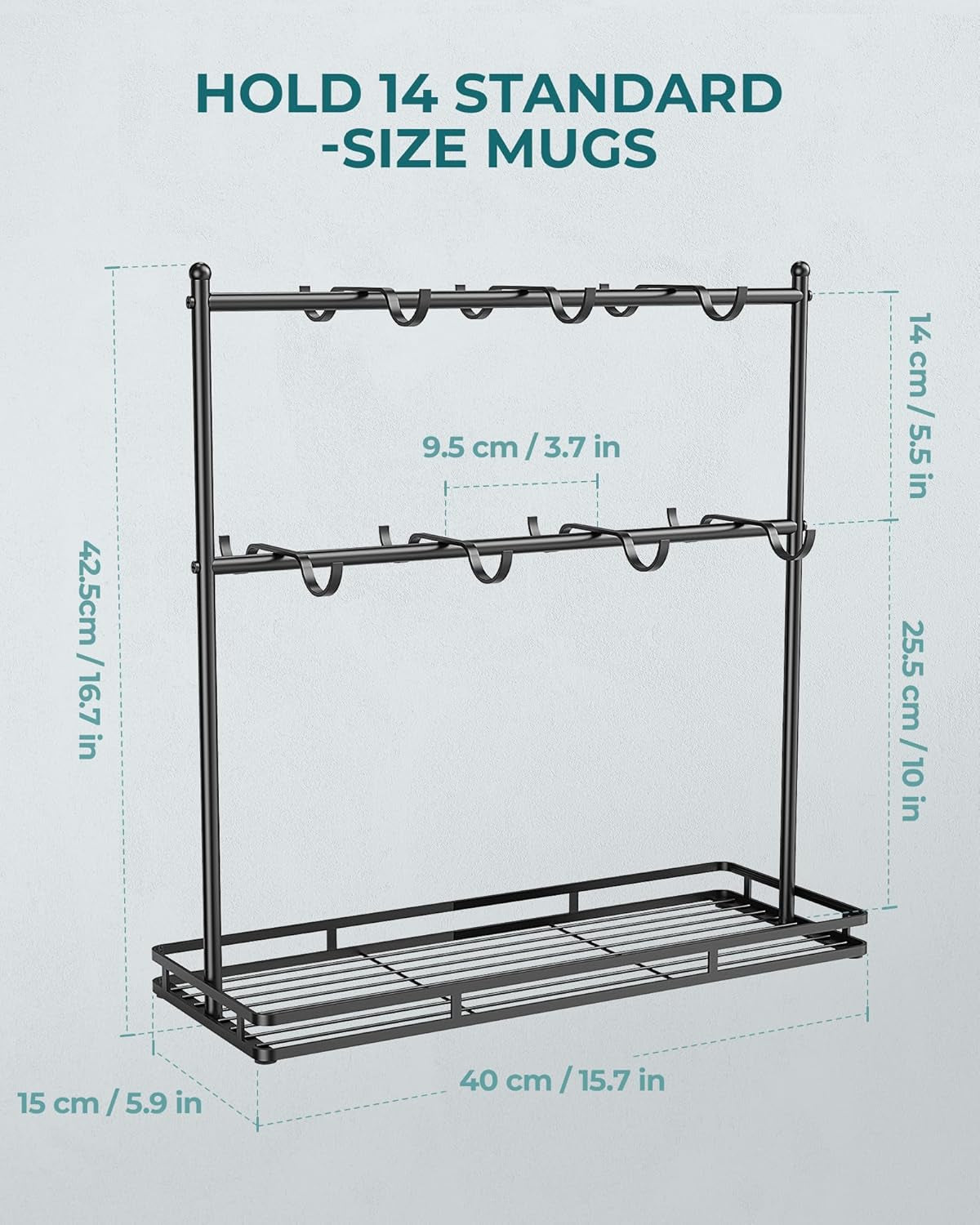 Coffee Mug Holder for Countertop, 14-Hook Mug Tree Rack for 14 Cups, 2 Tier Mug Display Stand with Heavy Duty Metal Base